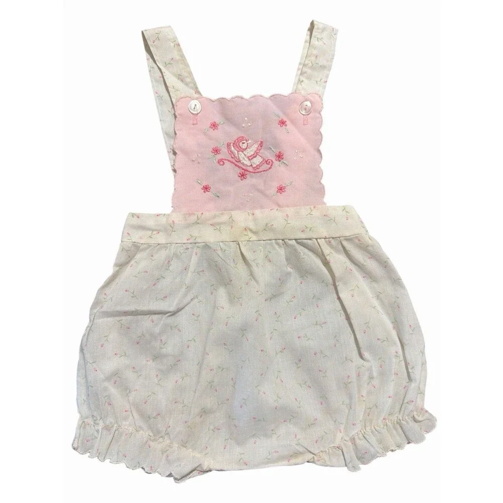 Vintage Baby Girl Cradle Togs Bubble Romper Floral Embroidery 0-6 Months Cottage